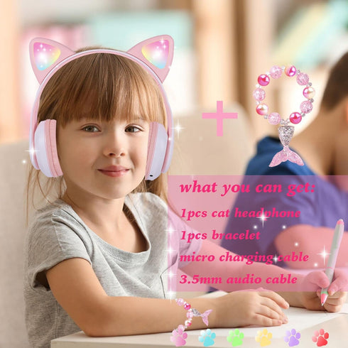 Wireless Headphones for Kids, Cat Ear LED Light Up Bluetooth Kids Headphones with Microphone for School/Travel/Sports/Gaming/Gifts/Christmas (Pink)