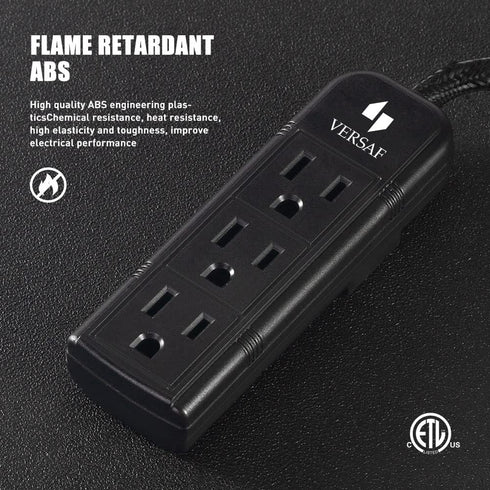 Power Strip 3 Prong Outlet, Slim Black 3 Grounded Outlets, Heavy Duty Extension Cord, No Surge Protector