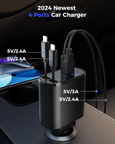SUPERONE 4-in-1 Car Charger with Retractable Apple Cords, USB C Adapter for iPhone 15/14/13/12/11 Pro Max