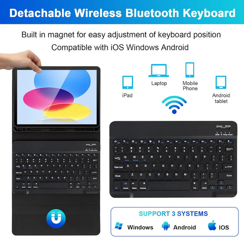 LAMA Slim Detachable Keyboard Case for iPad 10th Generation 10.9" 2022, Wireless Keyboard Case with Pencil Holder, Black