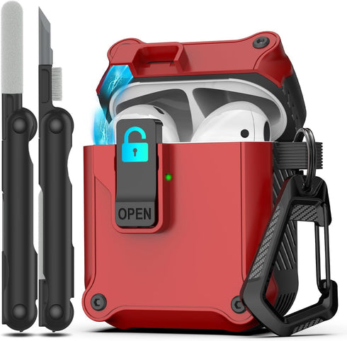 Airpods 1st and 2nd Generation Protective Cases, Full Body Shockproof Hard Case with Keychain (Red)