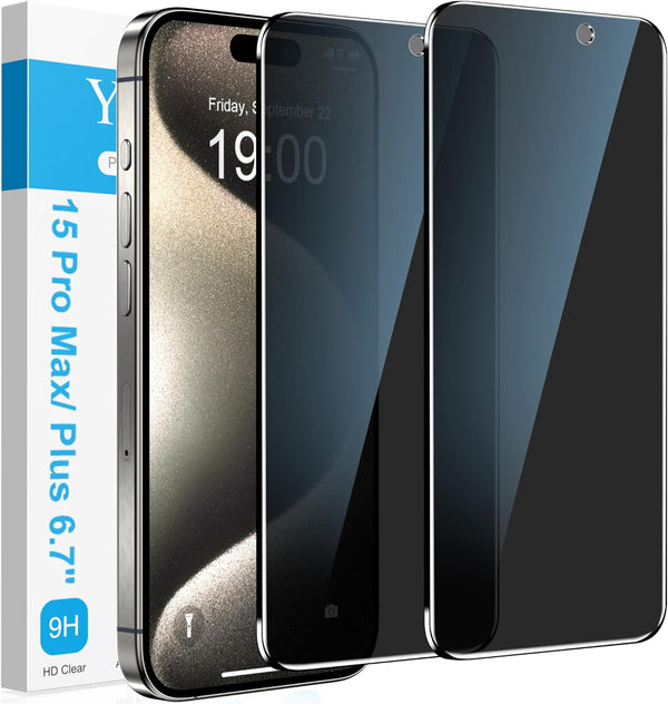 YMHML Privacy Screen Protector for iPhone 15 Pro Max & Plus - 2 Pack, Tempered Glass, Anti-Spy, Case Friendly.