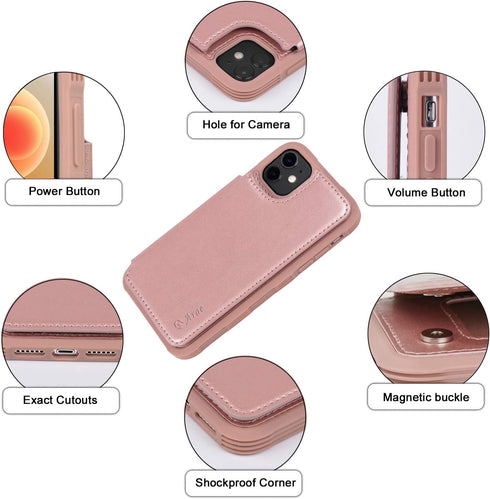 Arae Rose Gold Wallet Case for iPhone 12/12 Pro 6.1 Inch with Card Holder - PU Leather Back Flip Cover