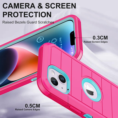Annymall Heavy Duty Case for iPhone 14 with 2 Screen Protectors, Full Body Shockproof 3-Layer Rugged Cover - Rose/Light