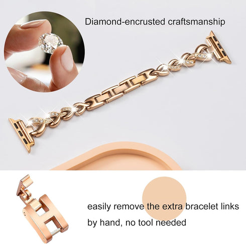 Dainty Heart Bands for Apple Watch 38mm 40mm 41mm 42mm, Adjustable Bling Metal Strap for Women, Rose Gold