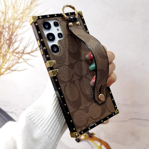 Luxury Brown Phone Case for Samsung Galaxy S23 Ultra - 6.8" Anti-Drop Designer Case with Wristband Strap.