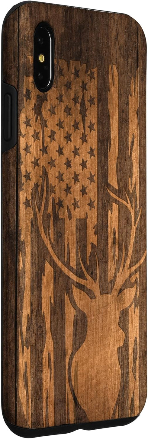 iPhone XS Max Case - Deer Buck with Flag on Wood-like Background for Stylish Protection