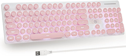 Typewriter Keyboard, 104-Key Punk Retro Gaming Keyboard, Wired USB, LED White Backlit, Cute for PC/Win/Mac/Laptop (Pink)