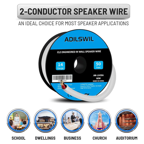 in Wall Speaker Wire Cable 14 Gauge 50FT 14/2 AWG CCA Low Voltage Wire with White Jacket
