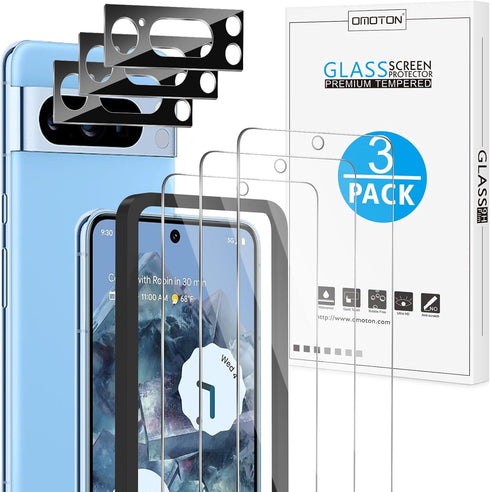 OMOTON 3 Pack Tempered Glass Screen Protector & Camera Lens for Pixel 8 Pro (6.7", 2023) - Fingerprint Compatible,