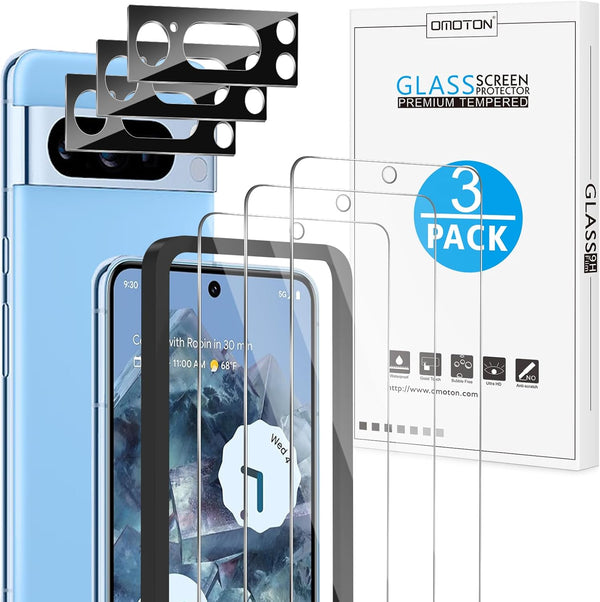 OMOTON 3 Pack Tempered Glass Screen Protector & Camera Lens for Pixel 8 Pro (6.7", 2023) - Fingerprint Compatible,