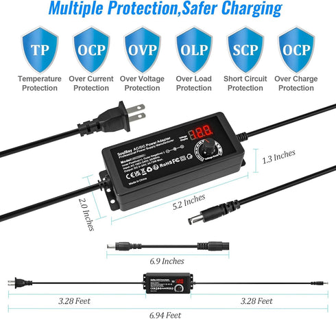 SoulBay Universal AC DC Power Supply Adapter, 72W 3V to 24V Output with Adjustable Voltage for Household Electronics