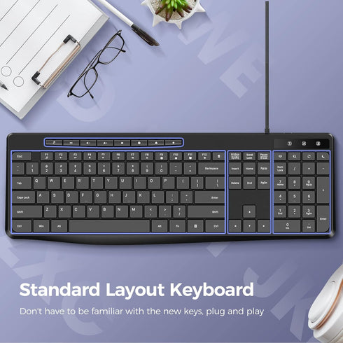 Wired Quiet Multimedia USB Computer Keyboard, Silent with Low Profile Chiclet Keys, Full Size for Laptop/Desktop