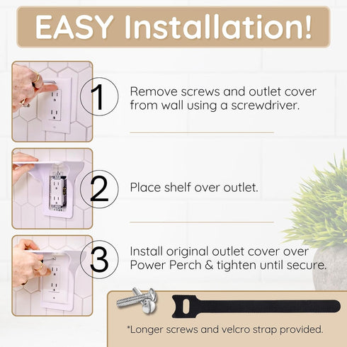 BeraTek Industries Power Perch Outlet Shelf Small Wall Shelf for Home Organization, White, 1-Pack for Homepod Mini,
