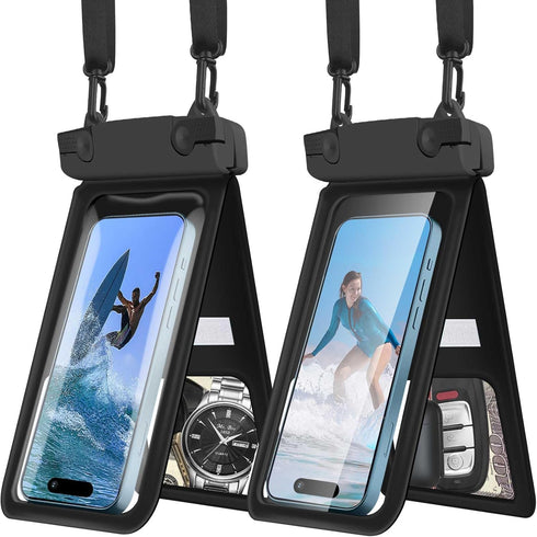 Waterproof Phone Pouch, IPX8 Double Space Cell Phone Case for iPhone 15/14/13 Pro Max Plus, 2 Pack (Black)