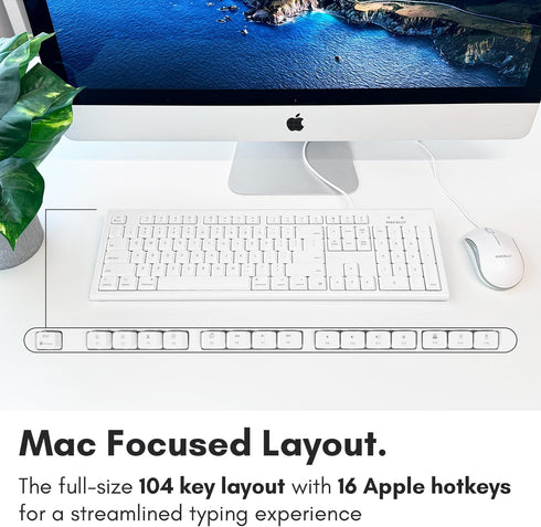 Macally Full Size USB Wired Mac Keyboard and Mouse Combo, Ergonomic Apple Keyboard with Shortcuts for Mac Mini, iMac