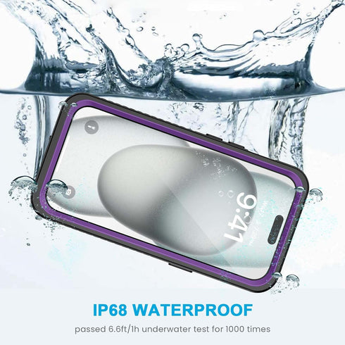 Lanhiem for iPhone 15 Plus Case, IP68 Waterproof Dustproof with Built-in Screen Protector, 360 Full Body Cover, Purple