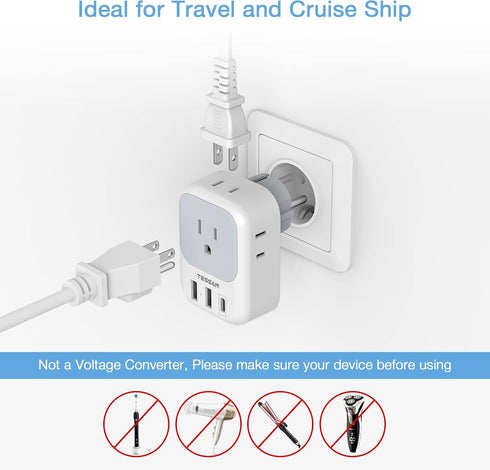 TESSAN Type E F Plug Adapter, Germany France Power Adapter with 3 USB Ports and 4 AC Outlets for US to Europe Travel