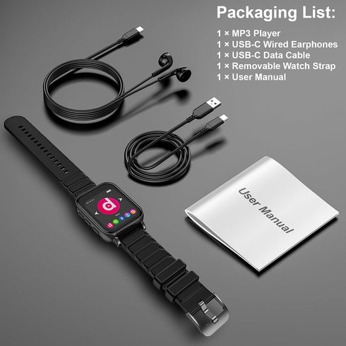 Aeheqkl MP3 5.0,32GB Earphones,1.69'' MP3 Player with Bluetooth Touchscreen Music Player with Detachable Strap,Built
