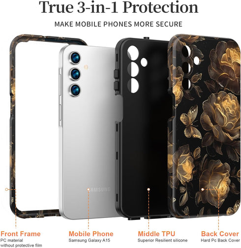 ANNSD for Samsung A15 Case, 3 in 1 Lightweight Stylish Full Body Shockproof Protective Cover, Military Grade Case