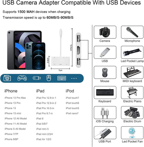Lightning to HDMI Adapter with USB Camera - 6 in 1 Adapter for iPhone, Supports MIDI Keyboard, Plug & Play
