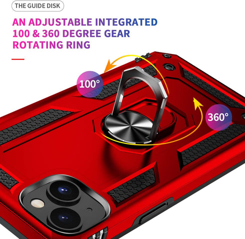 Military Grade Shockproof Case for iPhone 14, 360 Metal Rotating Ring Kickstand Holder Armor, Purple