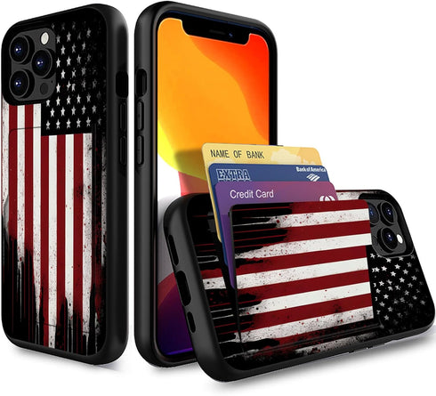 Wallet Case for iPhone 14/iPhone 13, Shockproof TPU & PC Dual Layer Cover with Hidden Card Slot, Old American Flag