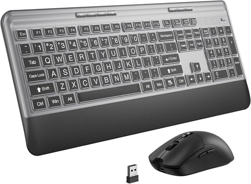 KOPJIPPOM Silent Wireless Keyboard and Mouse Combo - Keyboard with Large Print Cover,