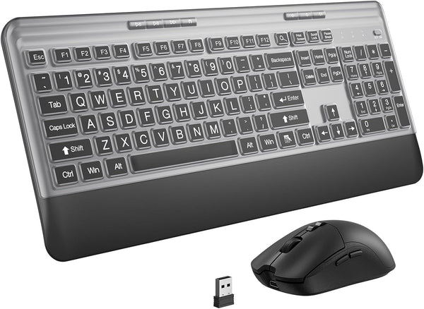 KOPJIPPOM Silent Wireless Keyboard and Mouse Combo - Keyboard with Large Print Cover,