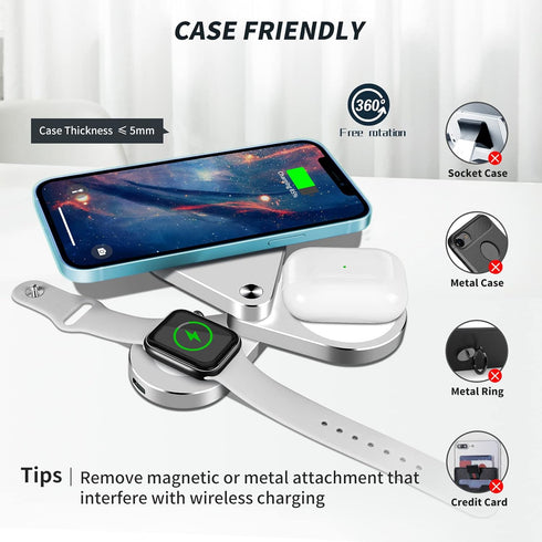 3 in 1 Detachable Magnetic Wireless Charger, 15W Fast Charging Station for iPhone 13/12, Foldable Stand for iWatch
