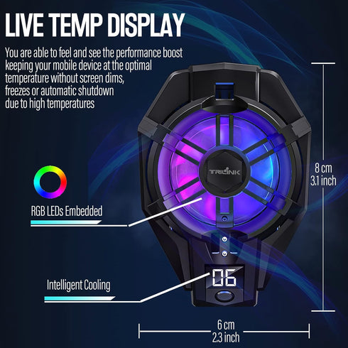 TRILINK Phone Cooler with Rechargeable Battery, Phone Cooling Fan for Gaming, Universal Clamp, RGB LEDS