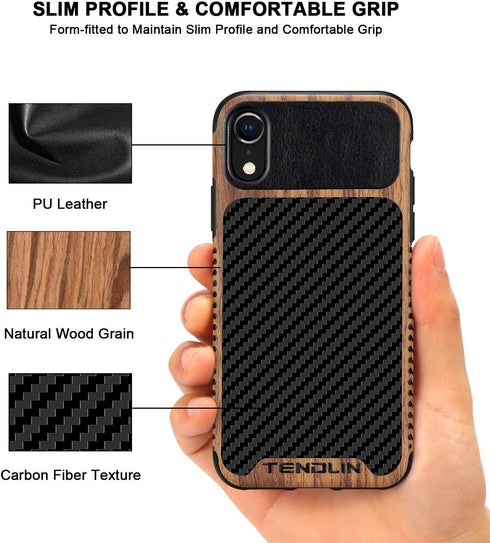 TENDLIN Compatible iPhone XR Case, Wood Grain with Carbon Fiber Texture Design, Black Leather Hybrid Slim Case