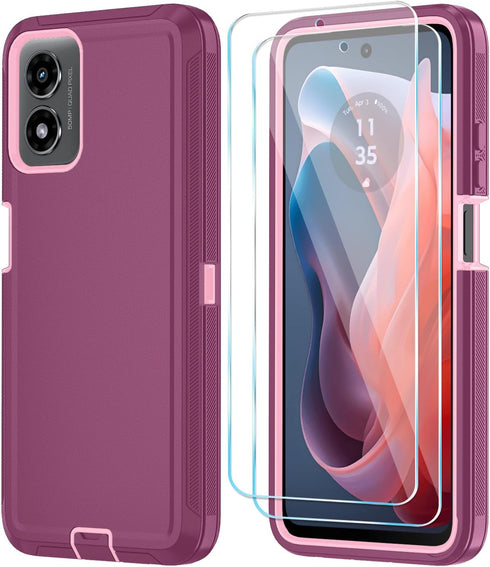 Qinmay Shockproof 3-Layer Case for Motorola Moto G Play 2024, with HD Screen Protector (Wine Red Pink)