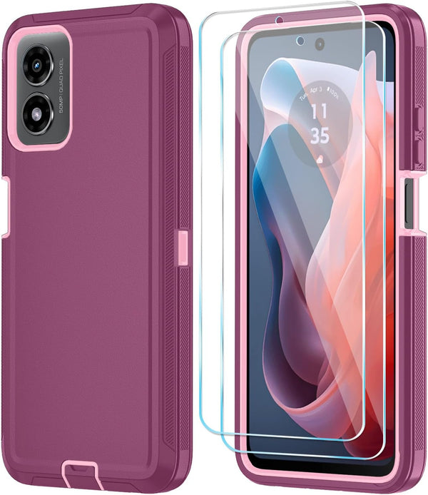 Qinmay Shockproof 3-Layer Case for Motorola Moto G Play 2024, with HD Screen Protector (Wine Red Pink)