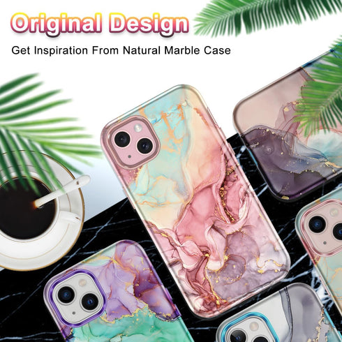 Btscase iPhone 15 Plus Case (6.7", 2023) - Rose Gold Marble Pattern, 3-in-1 Heavy Duty Shockproof Cover for Women &