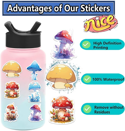 LIXIUDU 50 Pack Pcs Mushroom Cartoon Stickers for Kids Teens Adults Chanterelle Aesthetic Vinyl Decal Water Bottle