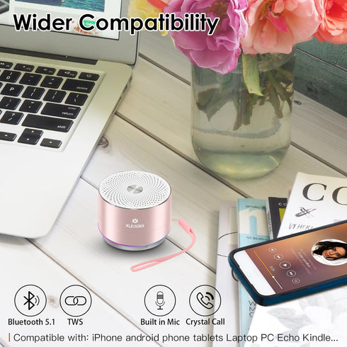 XLEADER A6 Mini Bluetooth Speaker - IPX7 Waterproof Shower Speaker with Lanyard, Cute Pink Speaker for iPhone, Gifts