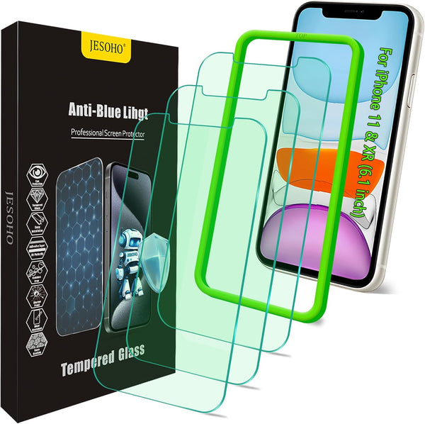 Screen Protector for iPhone 11, iPhone XR (6.1"), HD Anti Blue Light Blocking Tempered Glass Film, Eye Protection, Case