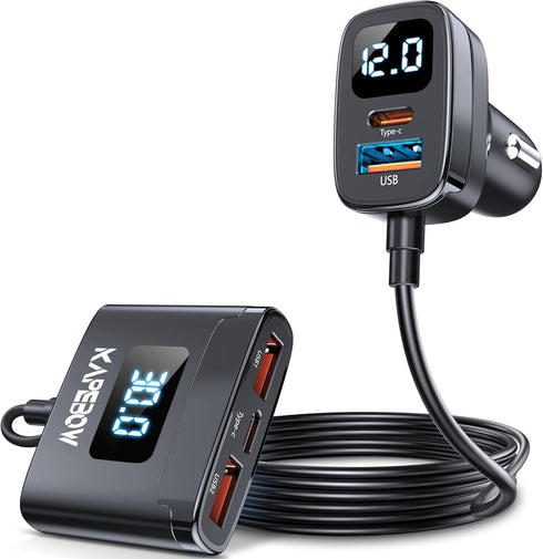 kapebow 78W Fast Charging USB C Car Charger, 5 Port Charger with Voltage Display, 5FT Extension for iPhone, iPad,