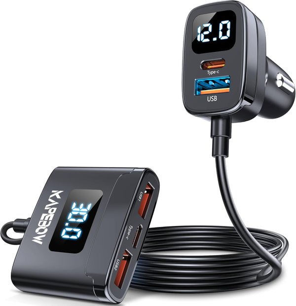 kapebow 78W Fast Charging USB C Car Charger, 5 Port Charger with Voltage Display, 5FT Extension for iPhone, iPad,