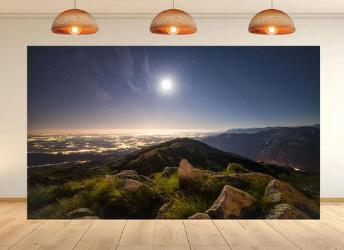 UPXIO 10x8ft Mountain Night View Backdrop with City Lights and Dark Sky Photo