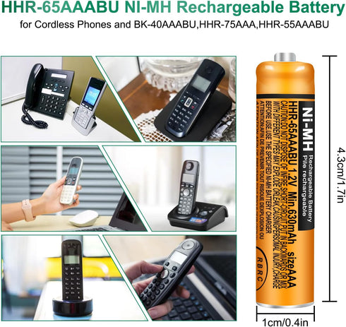 4 Pack HHR-65AAABU NI-MH Rechargeable Battery for Panasonic, 1.2V 630mAh AAA Battery for Cordless Phones