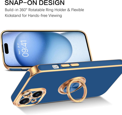 BENTOBEN Slim Fit 360° Ring Holder Case for iPhone 15, Shockproof Kickstand Magnetic Car Mount Supported, Navy Blue
