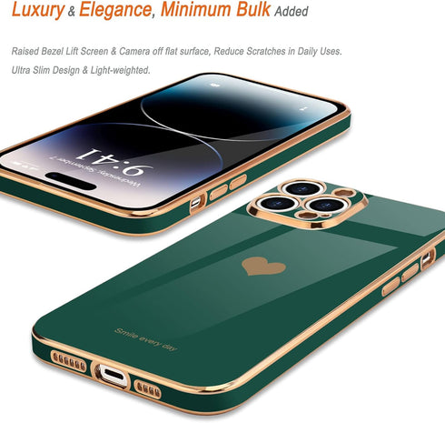 Teageo Cute Love Heart Luxury Bling Case for iPhone 14 Pro Max, Raised Full Camera Protection Bumper, Blackish Green