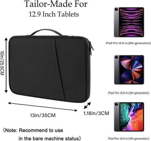 iPad Pro 12.9 Carrying Bag, Tablet Sleeve 12.9 Magic/Smart Keyboard Accessory Bag for Pad Pro 12.9 M2/M1/2018-2020, Surface Pro 9/8/X/7/6, 12.4" Galaxy Tab S8/S7+ Waterproof Carrying Case (Black)