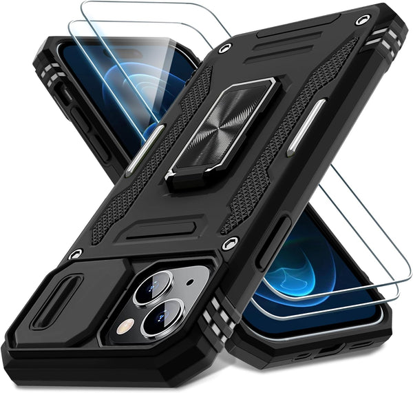 DEERLAMN iPhone 15 Case - Black Military Grade Shockproof with Slide Camera Cover & Screen Protector (2 Packs)