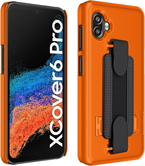 Samsung Galaxy XCover6 Pro (SM-G736) Case - Orange Shell with Hand Strap, Kickstand & Screen Protector.