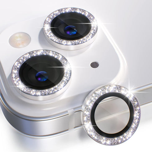 Choiche 2+1 Camera Lens Protector for iPhone 14/14 Plus, Glitter-Silver, 9H Tempered Glass, Metal Ring Decoration.