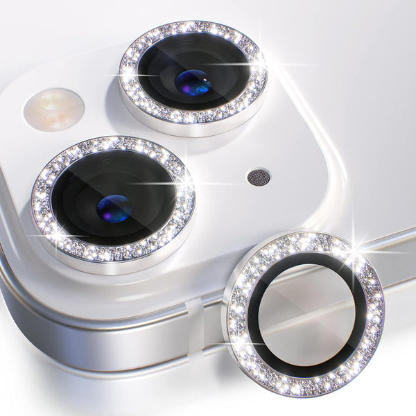 Choiche 2+1 Camera Lens Protector for iPhone 14/14 Plus, Glitter-Silver, 9H Tempered Glass, Metal Ring Decoration.
