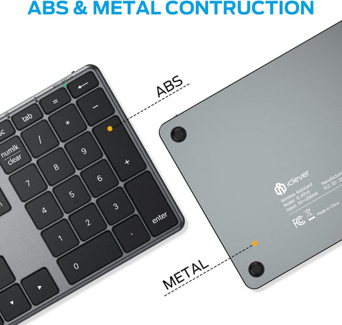 iClever Number Pad, Aluminum Wireless Number Pad for Multi Devices, USB-C Rechargeable, Compatible with Laptop, Mac, PC
